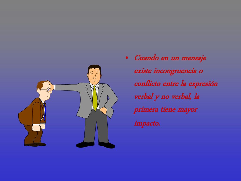 Cuando en un mensaje existe incongruencia o conflicto entre la expresión verbal y no verbal, la primera tiene mayor impacto.