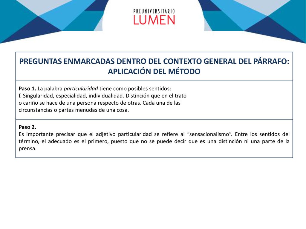 PREGUNTAS ENMARCADAS DENTRO DEL CONTEXTO GENERAL DEL PÁRRAFO: APLICACIÓN DEL MÉTODO