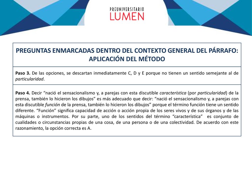 PREGUNTAS ENMARCADAS DENTRO DEL CONTEXTO GENERAL DEL PÁRRAFO: APLICACIÓN DEL MÉTODO