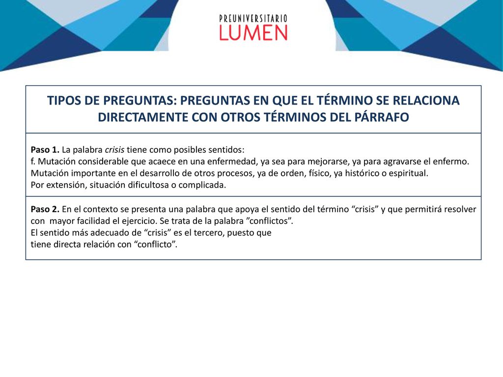 TIPOS DE PREGUNTAS: PREGUNTAS EN QUE EL TÉRMINO SE RELACIONA DIRECTAMENTE CON OTROS TÉRMINOS DEL PÁRRAFO