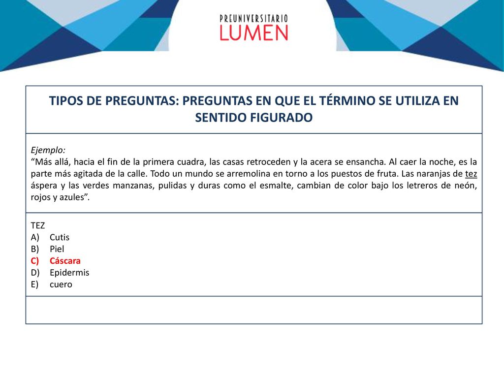 TIPOS DE PREGUNTAS: PREGUNTAS EN QUE EL TÉRMINO SE UTILIZA EN SENTIDO FIGURADO