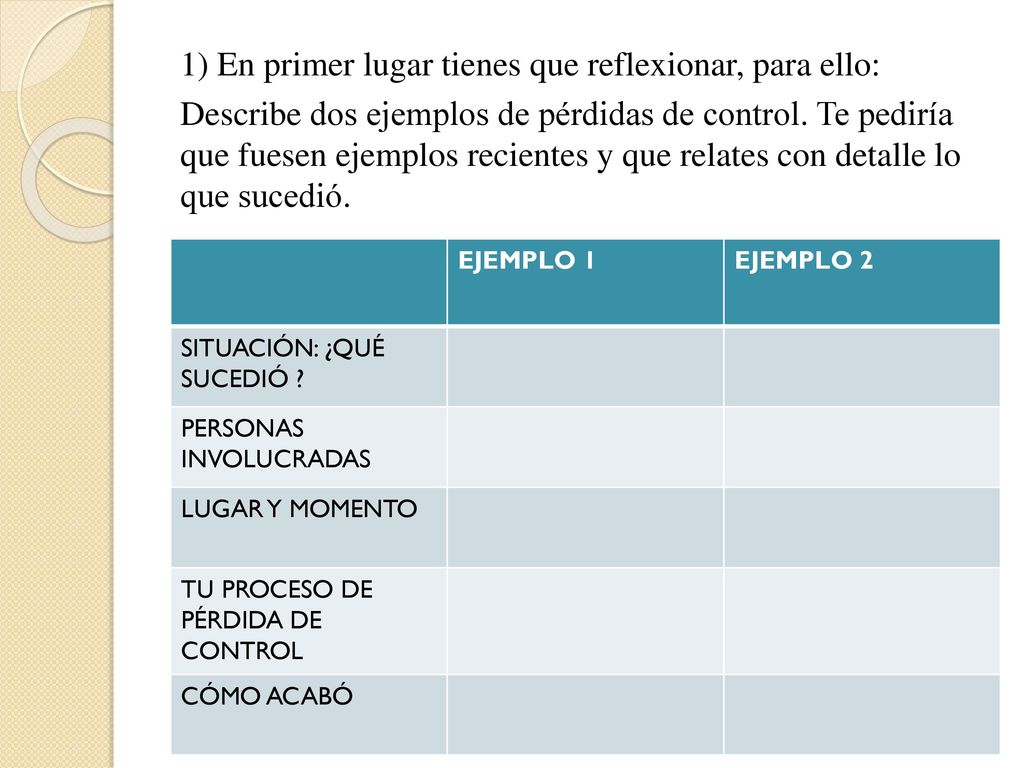 1) En primer lugar tienes que reflexionar, para ello: Describe dos ejemplos de pérdidas de control. Te pediría que fuesen ejemplos recientes y que relates con detalle lo que sucedió.
