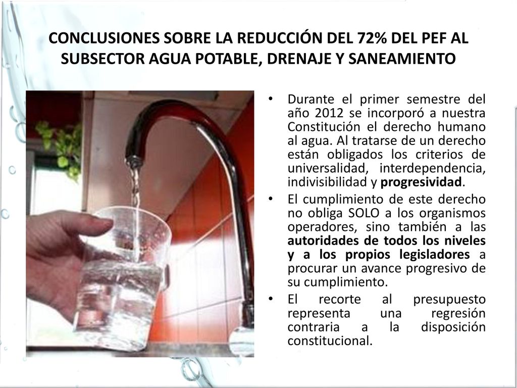 CONCLUSIONES SOBRE LA REDUCCIÓN DEL 72% DEL PEF AL SUBSECTOR AGUA POTABLE, DRENAJE Y SANEAMIENTO
