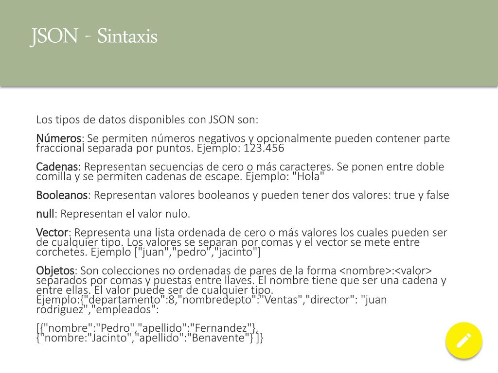 JSON - Sintaxis Los tipos de datos disponibles con JSON son: