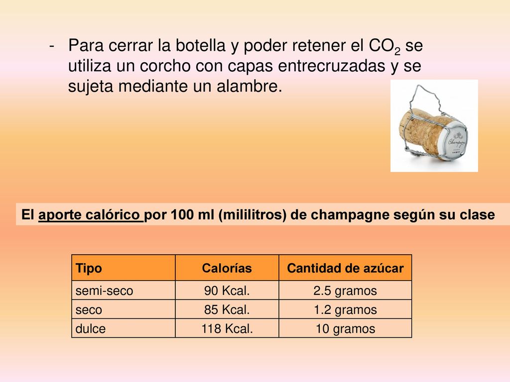 Para cerrar la botella y poder retener el CO2 se utiliza un corcho con capas entrecruzadas y se sujeta mediante un alambre.