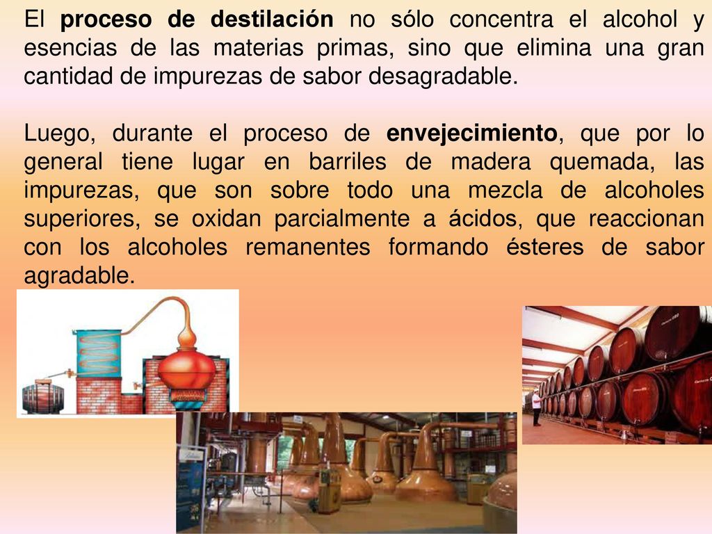 El proceso de destilación no sólo concentra el alcohol y esencias de las materias primas, sino que elimina una gran cantidad de impurezas de sabor desagradable.