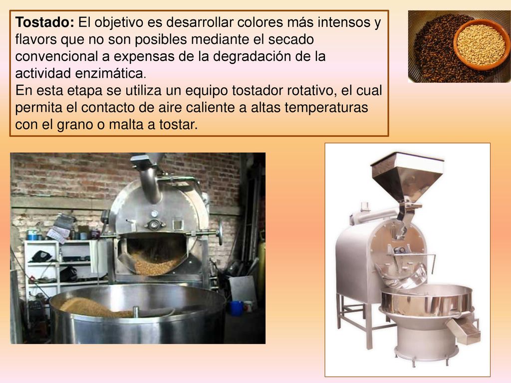 Tostado: El objetivo es desarrollar colores más intensos y flavors que no son posibles mediante el secado convencional a expensas de la degradación de la actividad enzimática.