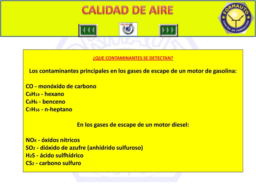 CALIDAD DE AIRE ATMOSFERICO 1. ¿QUE CONTAMINANTES SE DETECTAN Los contaminantes principales en los gases de escape de un motor de gasolina: