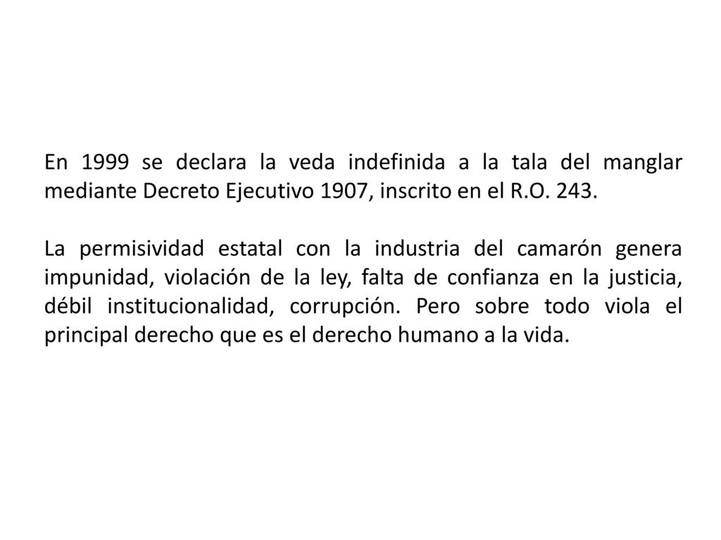 En 1999 se declara la veda indefinida a la tala del manglar mediante Decreto Ejecutivo 1907, inscrito en el R.O. 243.