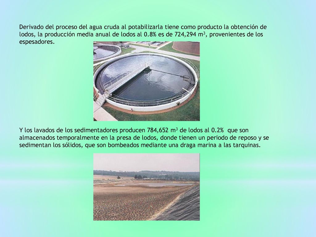 Derivado del proceso del agua cruda al potabilizarla tiene como producto la obtención de lodos, la producción media anual de lodos al 0.8% es de 724,294 m3, provenientes de los espesadores.