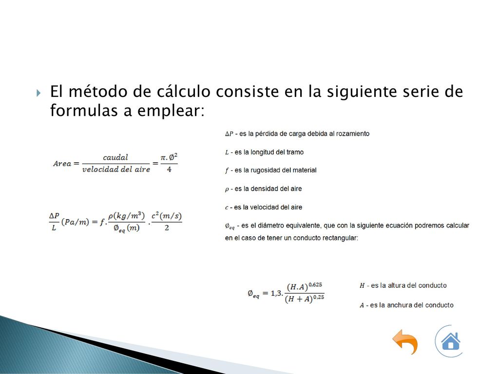 El método de cálculo consiste en la siguiente serie de formulas a emplear: