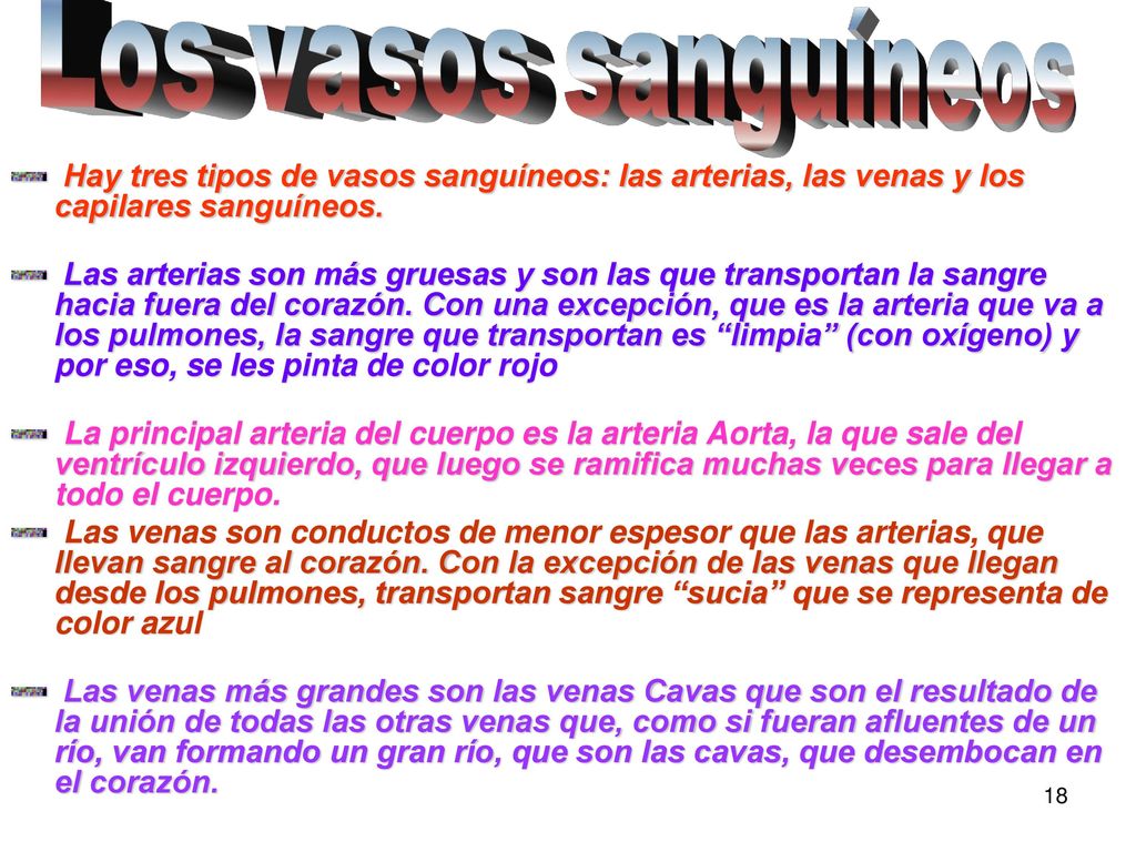 Los vasos sanguíneos Hay tres tipos de vasos sanguíneos: las arterias, las venas y los capilares sanguíneos.