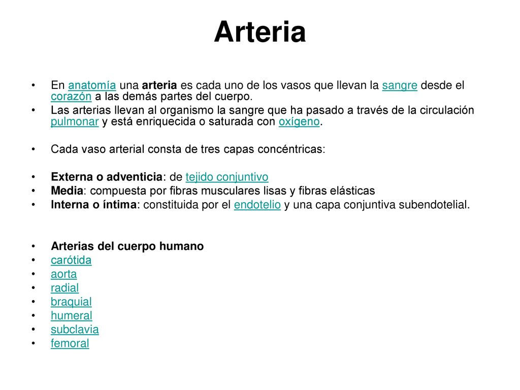 Arteria En anatomía una arteria es cada uno de los vasos que llevan la sangre desde el corazón a las demás partes del cuerpo.
