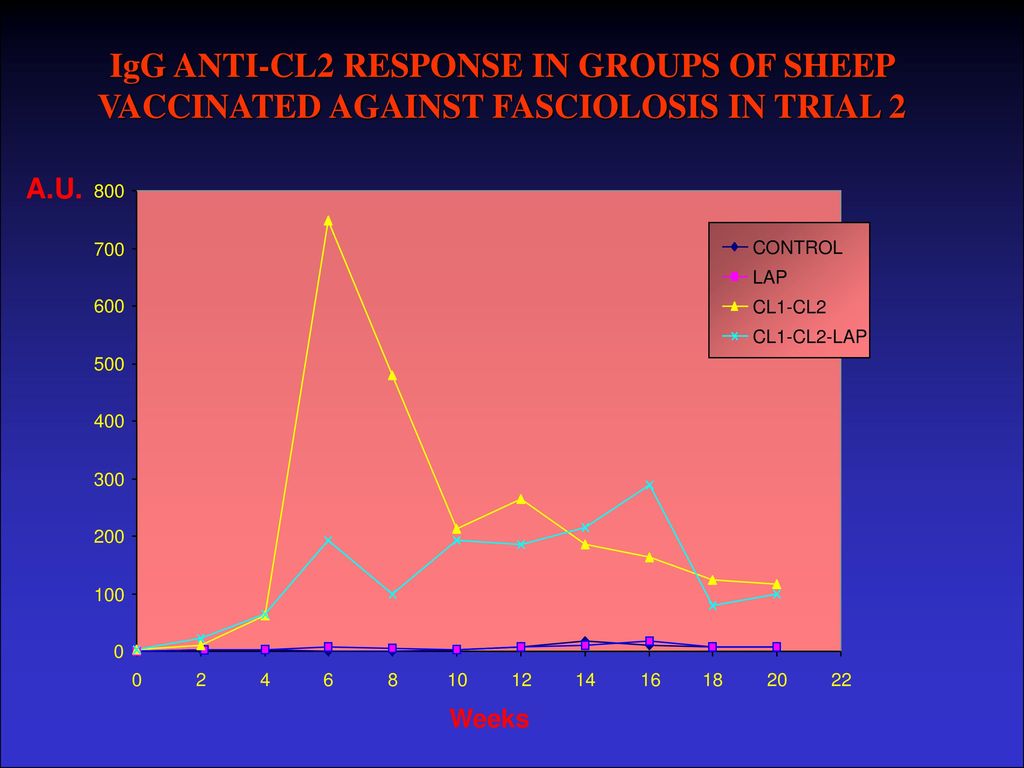 IgG ANTI-CL2 RESPONSE IN GROUPS OF SHEEP VACCINATED AGAINST FASCIOLOSIS IN TRIAL 2