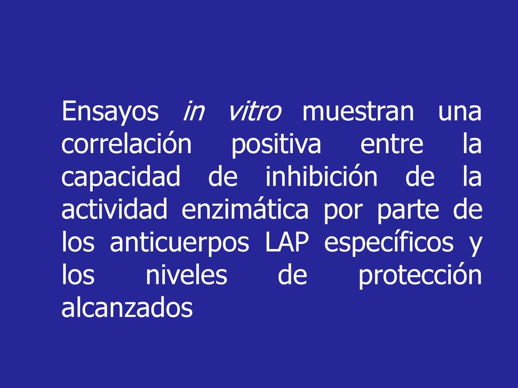 Ensayos in vitro muestran una correlación positiva entre la capacidad de inhibición de la actividad enzimática por parte de los anticuerpos LAP específicos y los niveles de protección alcanzados