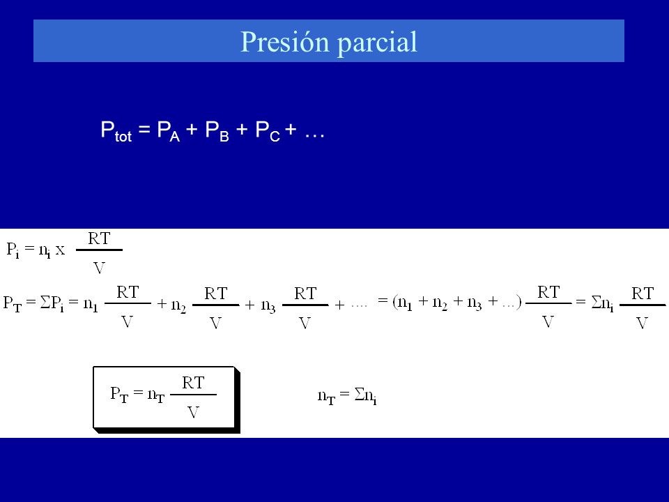 Presión parcial Ptot = PA + PB + PC + …