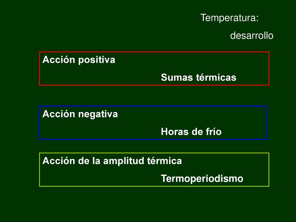 Temperatura: desarrollo. Acción positiva. Sumas térmicas. Acción negativa. Horas de frío. Acción de la amplitud térmica.