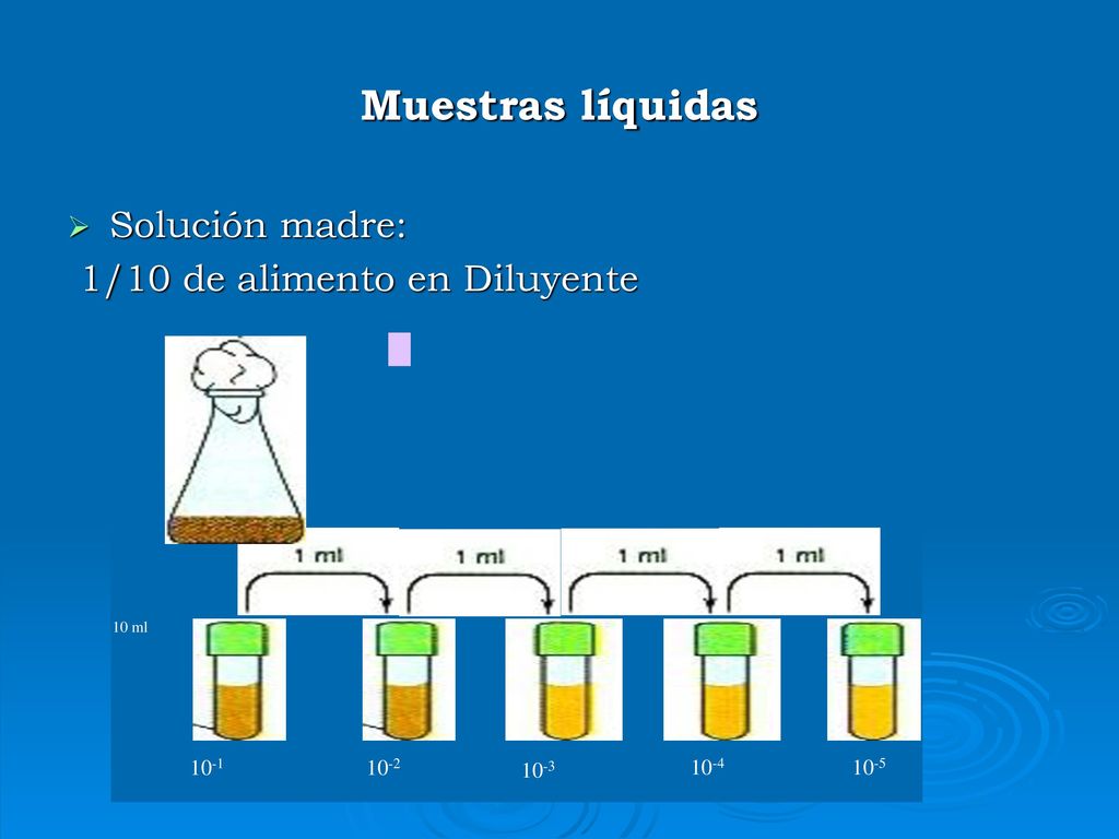 Muestras líquidas Solución madre: 1/10 de alimento en Diluyente 10-5