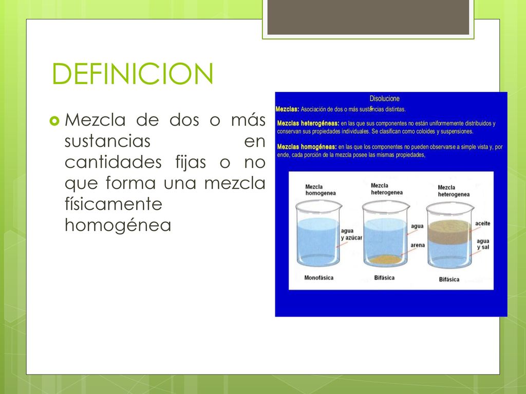 DEFINICION Mezcla de dos o más sustancias en cantidades fijas o no que forma una mezcla físicamente homogénea.
