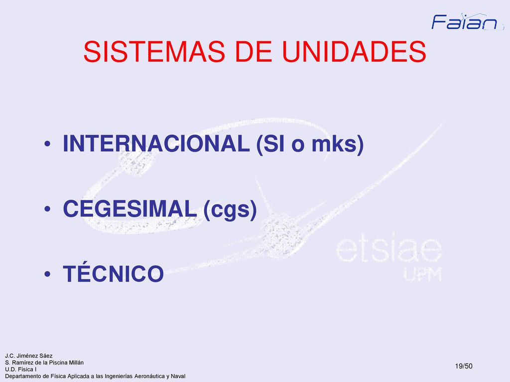 SISTEMAS DE UNIDADES INTERNACIONAL (SI o mks) CEGESIMAL (cgs) TÉCNICO