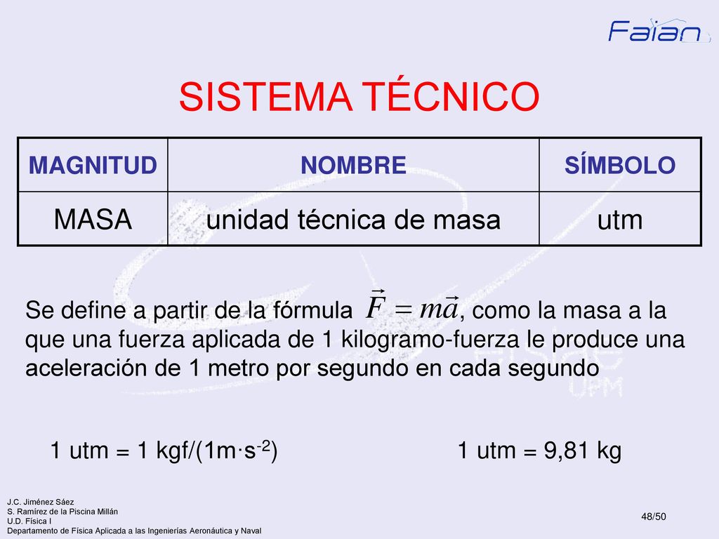 SISTEMA TÉCNICO MASA unidad técnica de masa utm MAGNITUD NOMBRE