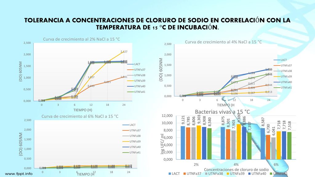 TOLERANCIA A CONCENTRACIONES DE CLORURO DE SODIO EN CORRELACIÓN CON LA TEMPERATURA DE 15 °C DE INCUBACIÓN.
