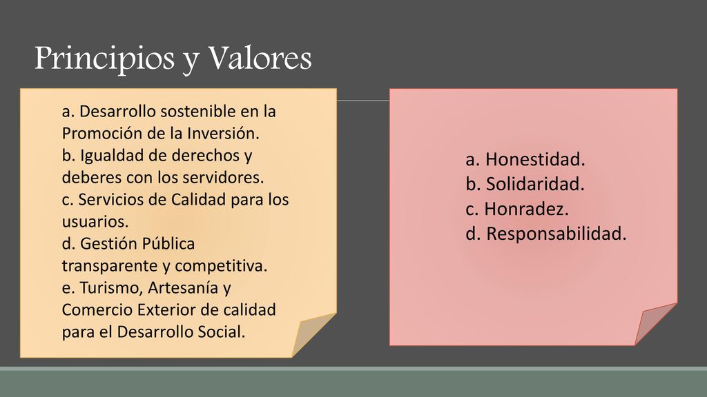 Principios y Valores a. Honestidad. b. Solidaridad. c. Honradez.