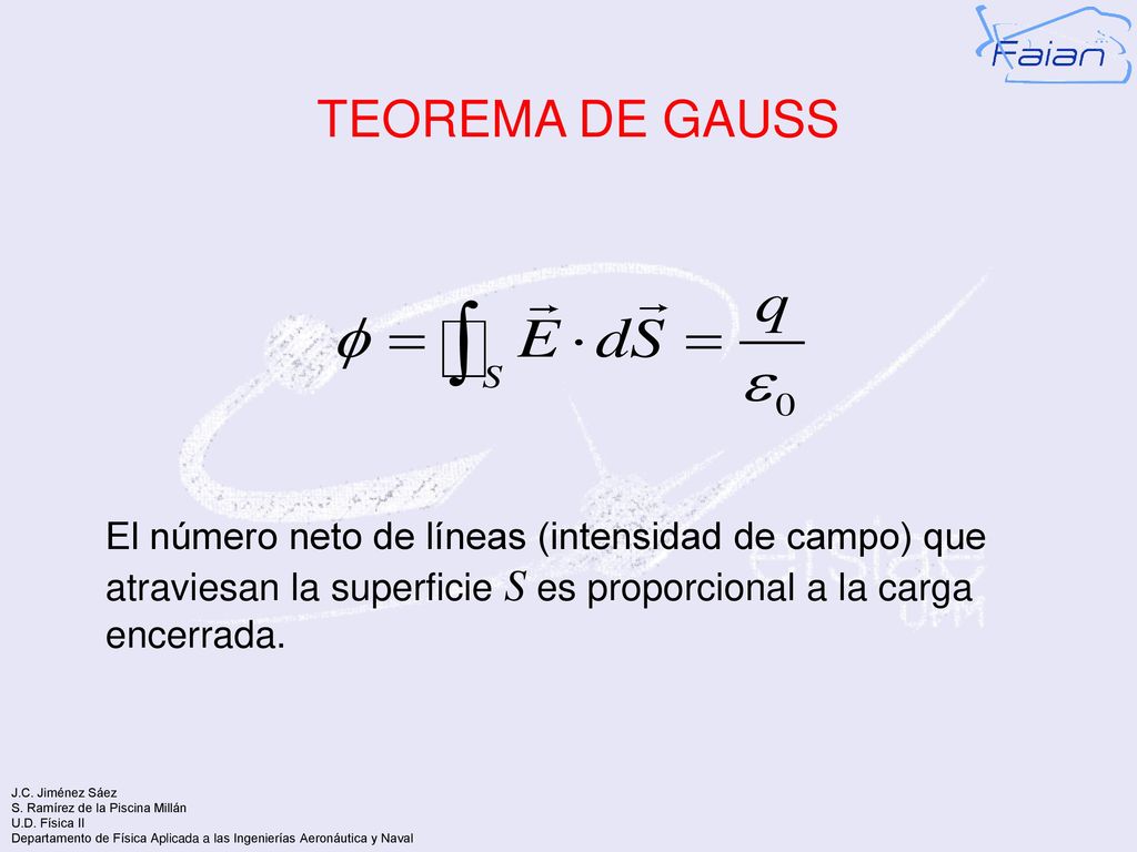 TEOREMA DE GAUSS El número neto de líneas (intensidad de campo) que atraviesan la superficie S es proporcional a la carga encerrada.