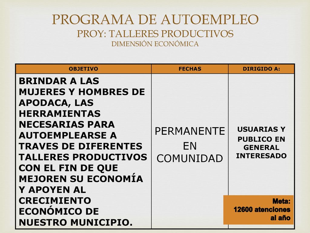 PROGRAMA DE AUTOEMPLEO PROY: TALLERES PRODUCTIVOS DIMENSIÓN ECONÓMICA