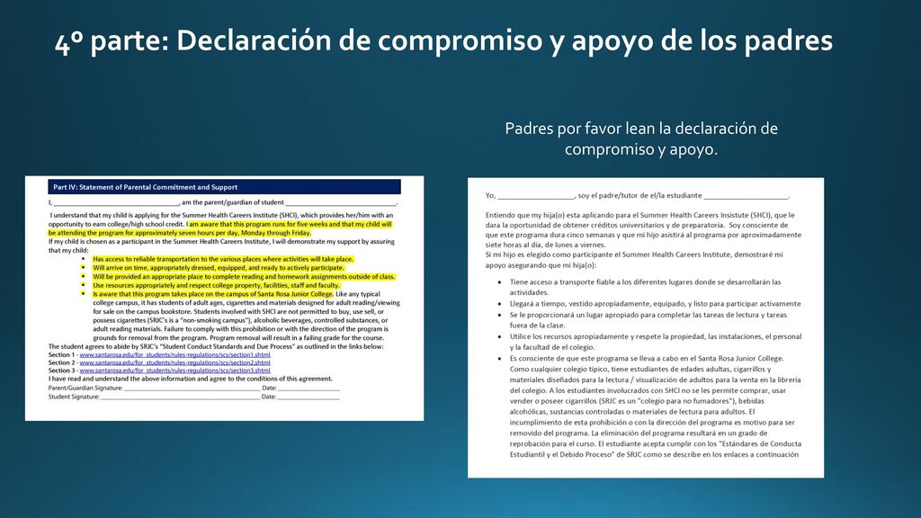 4º parte: Declaración de compromiso y apoyo de los padres