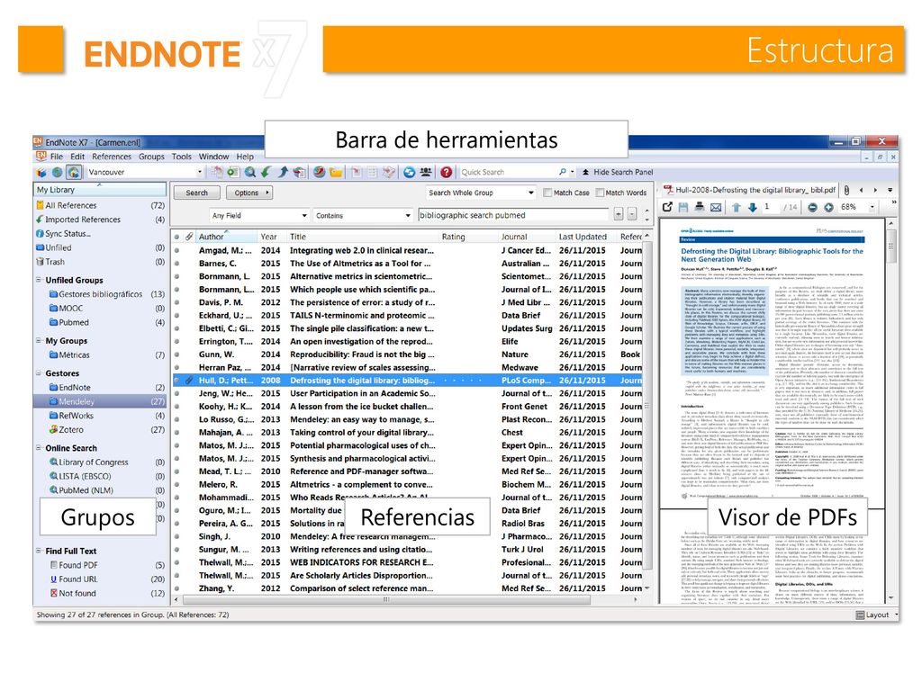 Estructura Barra de herramientas Grupos Referencias Visor de PDFs
