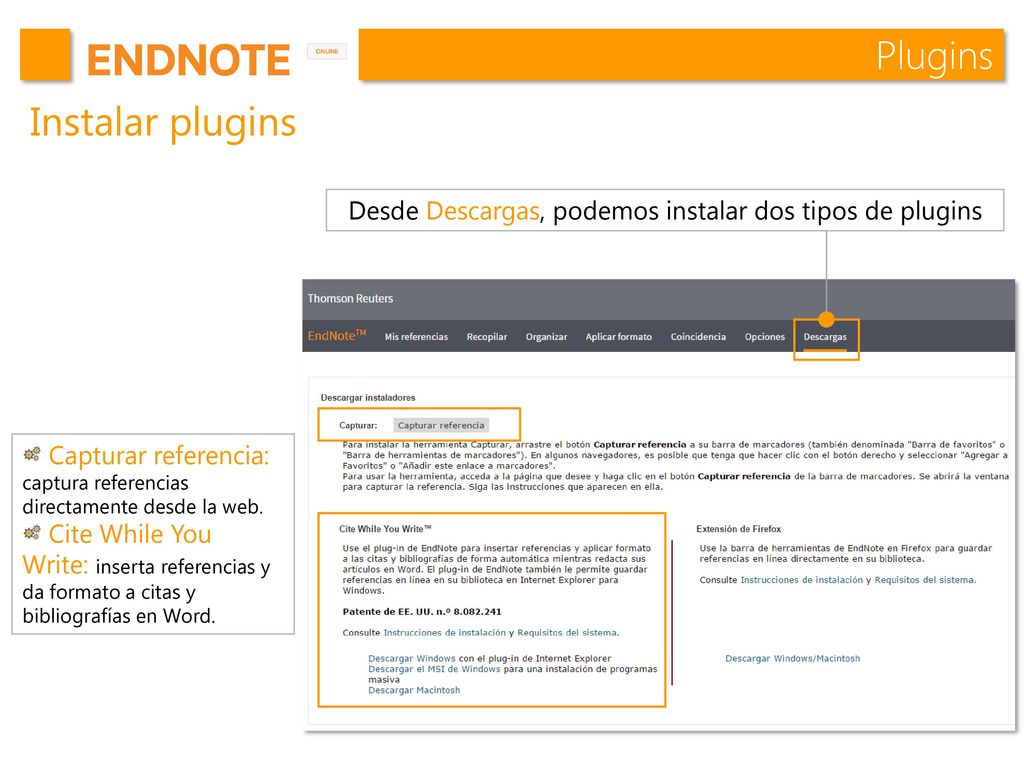 Desde Descargas, podemos instalar dos tipos de plugins