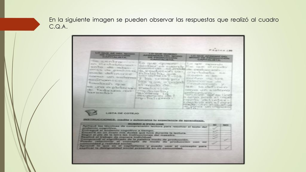 En la siguiente imagen se pueden observar las respuestas que realizó al cuadro C.Q.A.