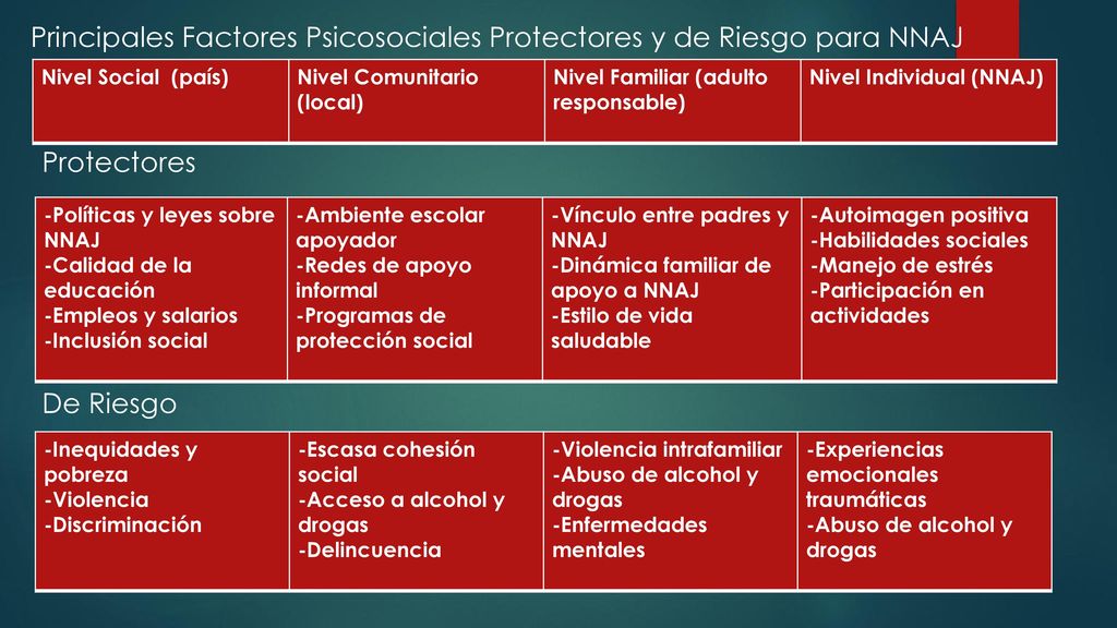 Principales Factores Psicosociales Protectores y de Riesgo para NNAJ