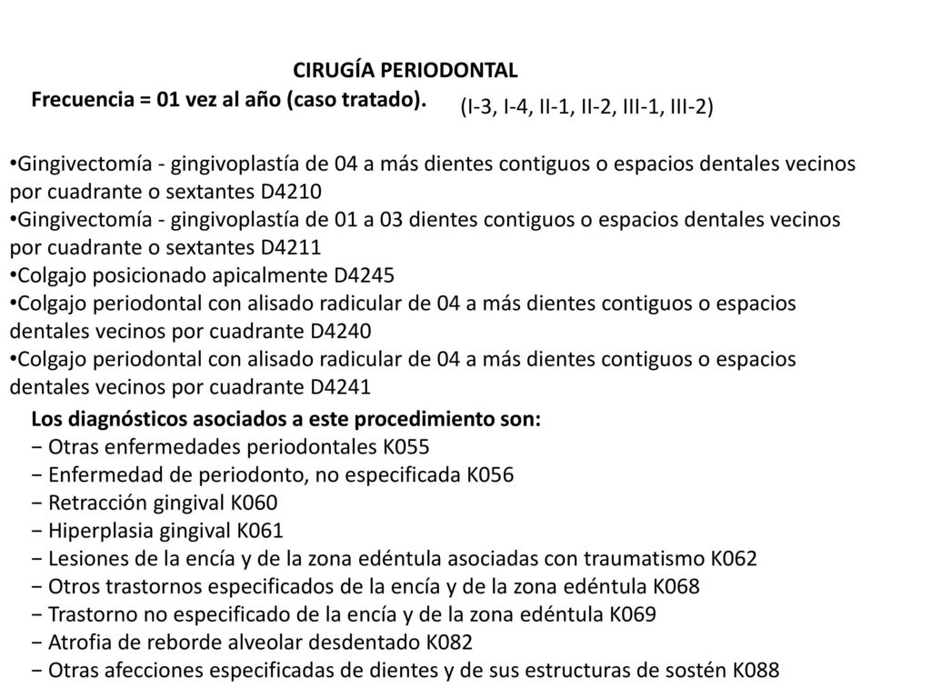 CIRUGÍA PERIODONTAL Frecuencia = 01 vez al año (caso tratado). (I-3, I-4, II-1, II-2, III-1, III-2)