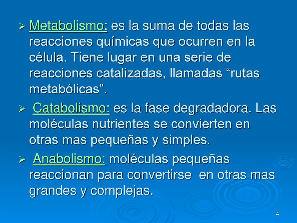 Metabolismo: es la suma de todas las reacciones químicas que ocurren en la célula. Tiene lugar en una serie de reacciones catalizadas, llamadas rutas metabólicas .
