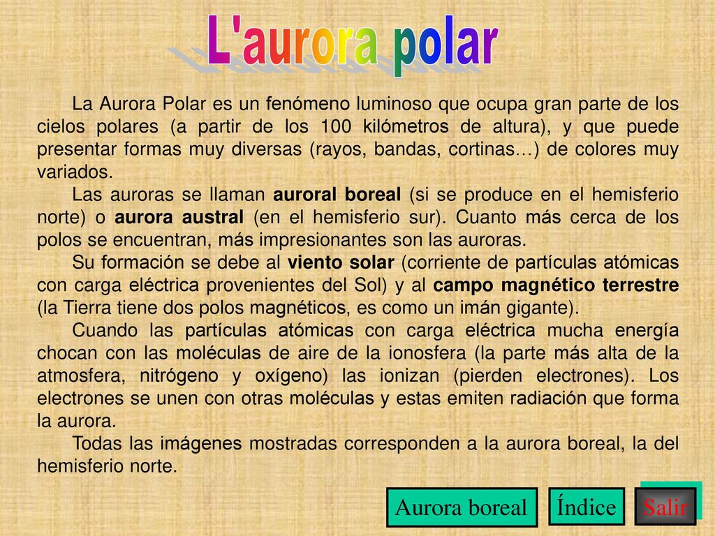 L aurora polar Aurora boreal Índice Salir