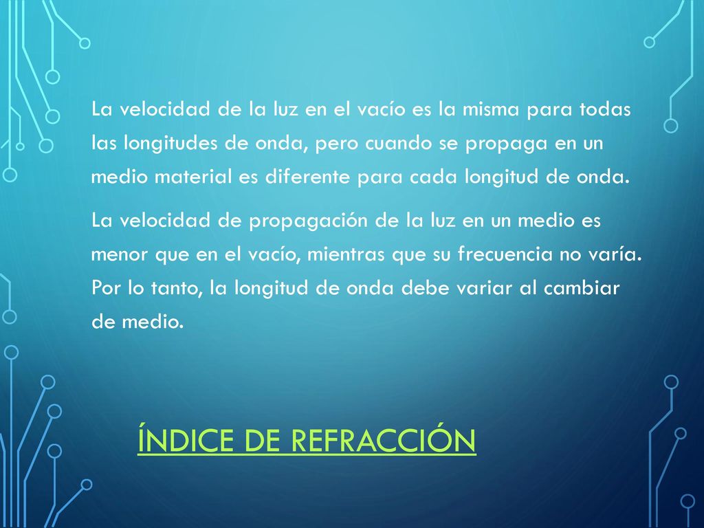 La velocidad de la luz en el vacío es la misma para todas las longitudes de onda, pero cuando se propaga en un medio material es diferente para cada longitud de onda. La velocidad de propagación de la luz en un medio es menor que en el vacío, mientras que su frecuencia no varía. Por lo tanto, la longitud de onda debe variar al cambiar de medio.