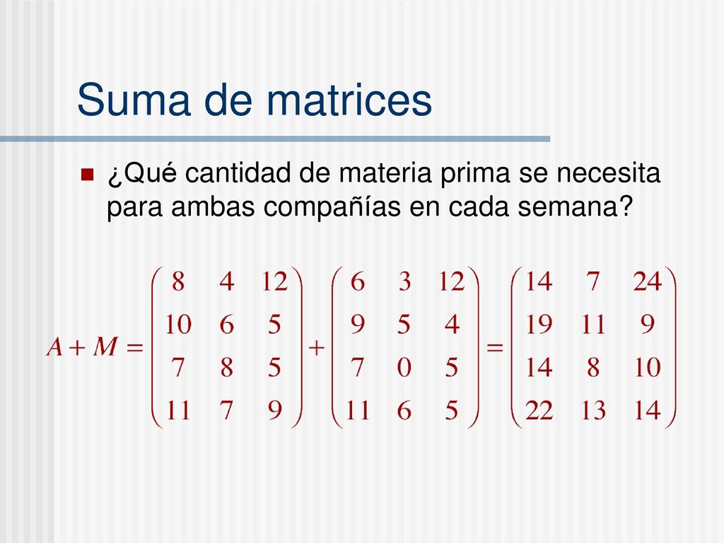 Suma de matrices ¿Qué cantidad de materia prima se necesita para ambas compañías en cada semana