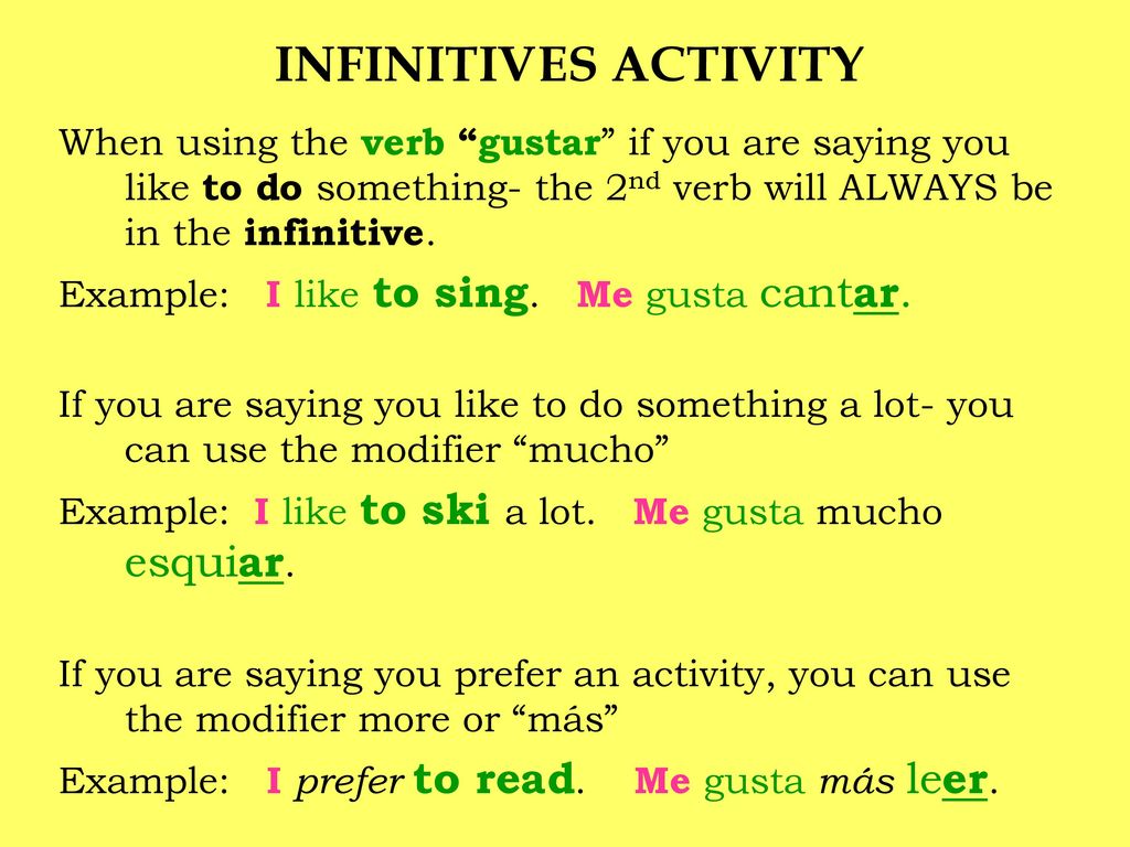 INFINITIVES ACTIVITY When using the verb gustar if you are saying you like to do something- the 2nd verb will ALWAYS be in the infinitive.