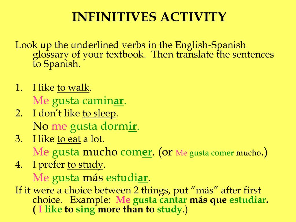 INFINITIVES ACTIVITY Me gusta caminar. No me gusta dormir.