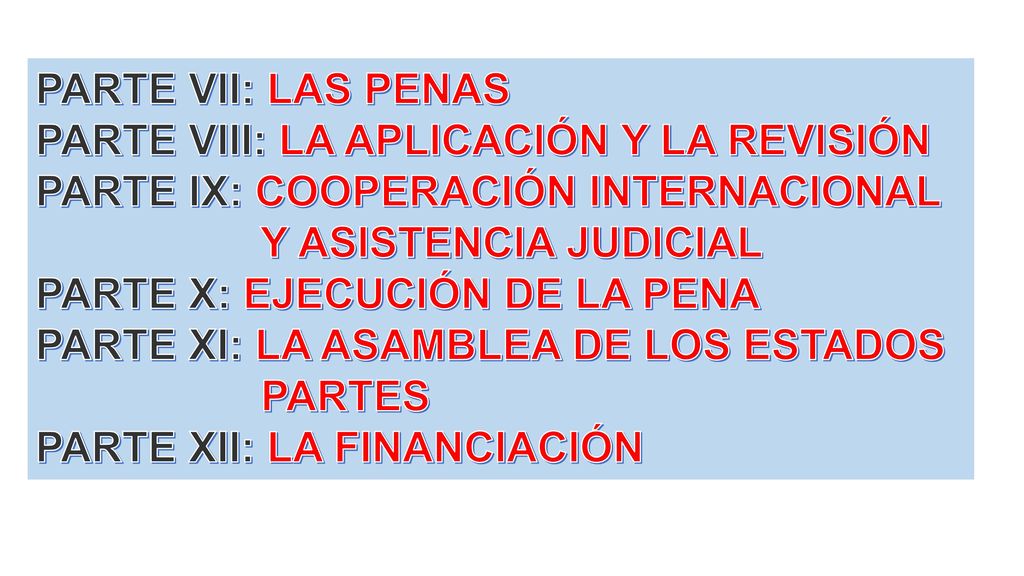 PARTE VII: LAS PENAS PARTE VIII: LA APLICACIÓN Y LA REVISIÓN. PARTE IX: COOPERACIÓN INTERNACIONAL.