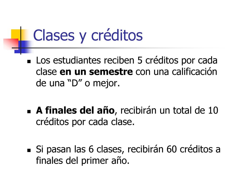 Clases y créditos Los estudiantes reciben 5 créditos por cada clase en un semestre con una calificación de una D o mejor.