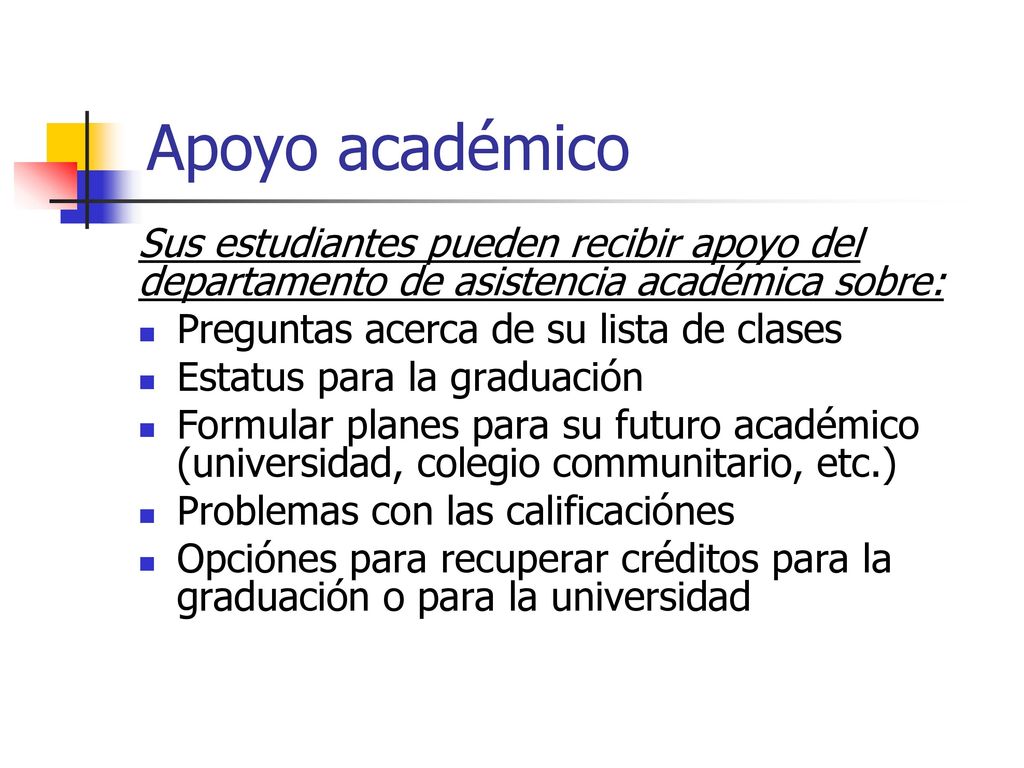 Apoyo académico Sus estudiantes pueden recibir apoyo del departamento de asistencia académica sobre: