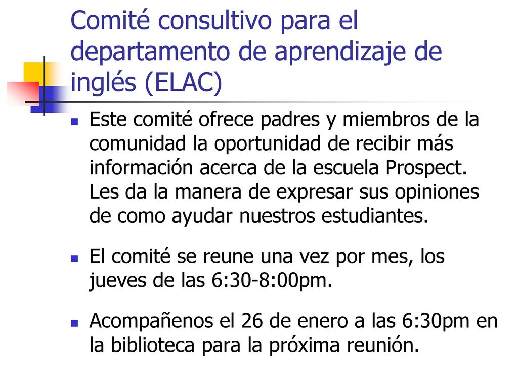 Comité consultivo para el departamento de aprendizaje de inglés (ELAC)