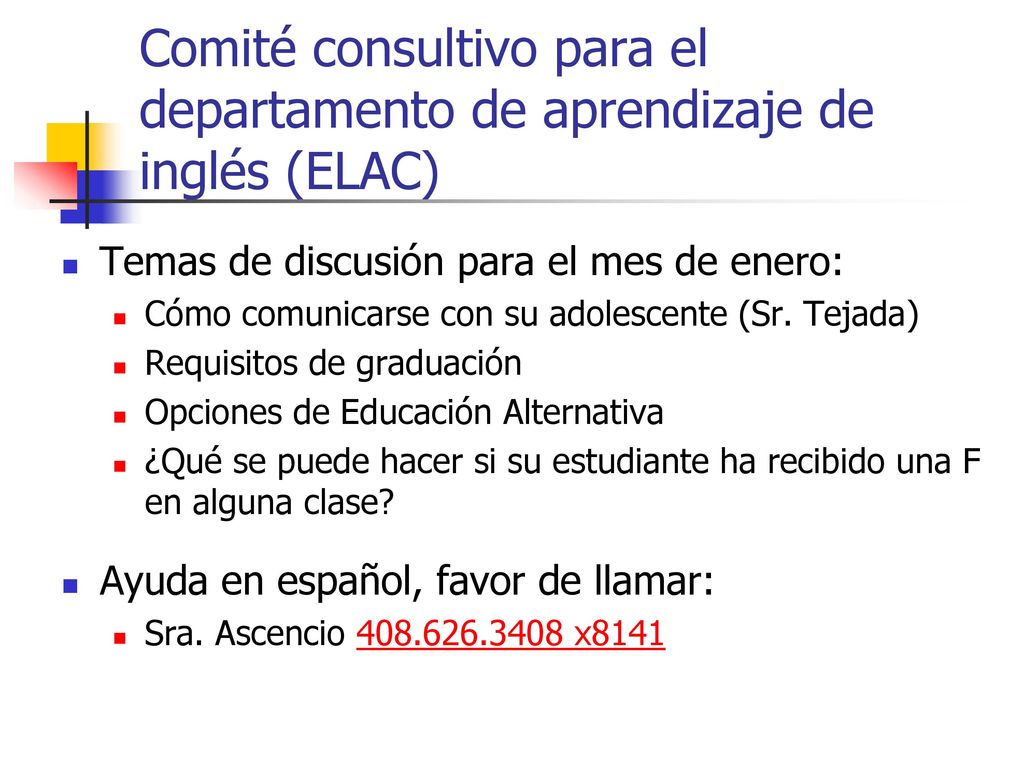 Comité consultivo para el departamento de aprendizaje de inglés (ELAC)
