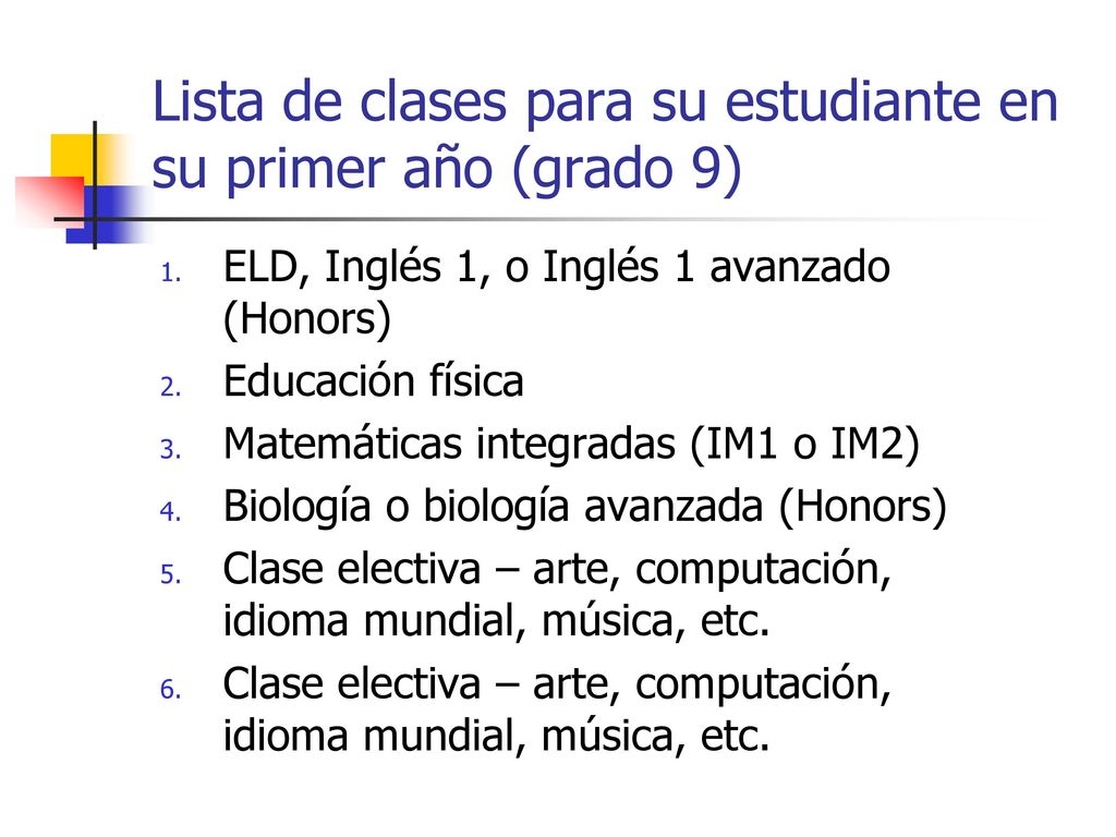 Lista de clases para su estudiante en su primer año (grado 9)