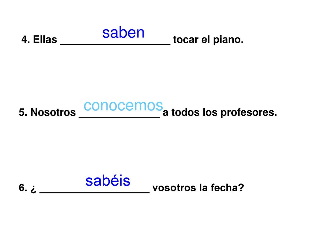 saben conocemos sabéis 4. Ellas ___________________ tocar el piano.