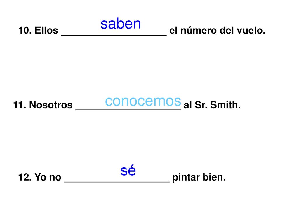 saben conocemos sé 10. Ellos ___________________ el número del vuelo.