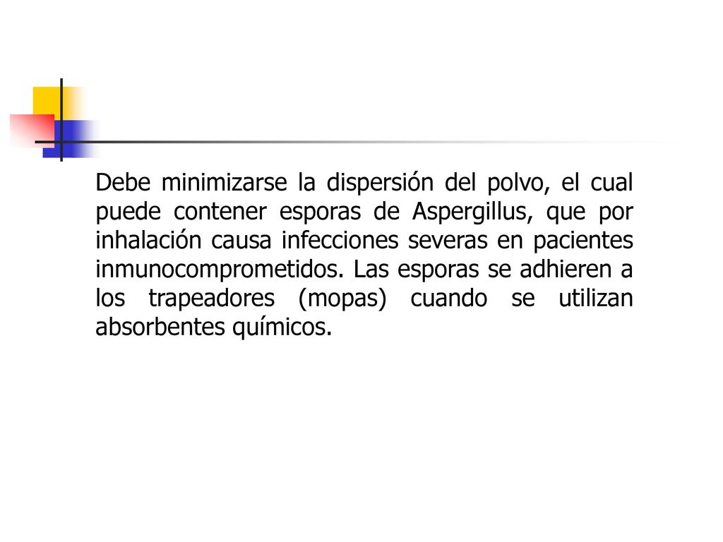 Debe minimizarse la dispersión del polvo, el cual puede contener esporas de Aspergillus, que por inhalación causa infecciones severas en pacientes inmunocomprometidos.